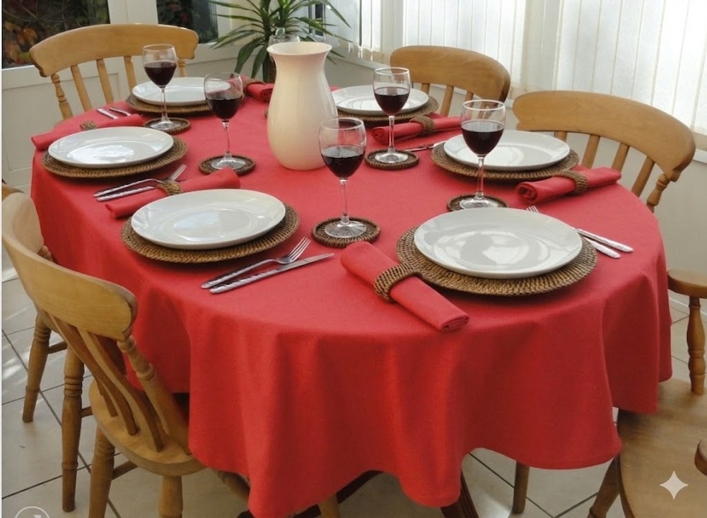 Vintage Red Oblong Tablecloth 1980s Retro Minimalist Traditional Dining Decor
